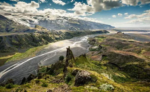 Aerial view of Þórsmörk valley in Iceland's highlands, with glacial rivers cutting through the landscape.